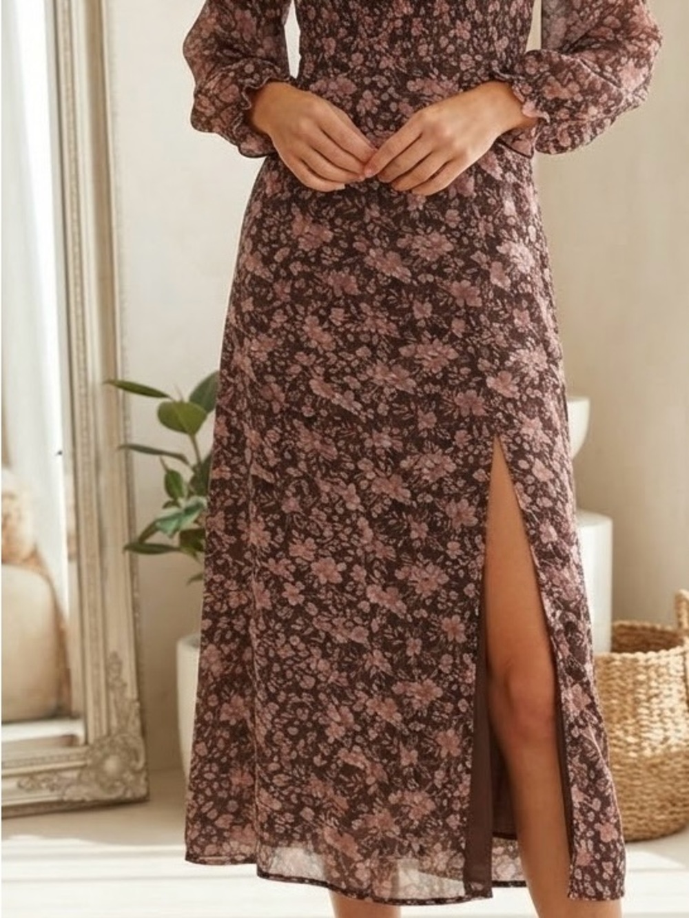 Francesca's Collections Pink and Brown Floral Split Maxi Dress- Size Large NWOT
